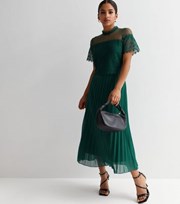 New Look Petite Dark Green Chiffon Lace Short Sleeve Pleated Midi Dress